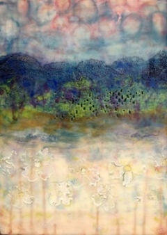 Caryl St. Ama, (CA), "Encaustic Landscape Post-Katrina", 17 x 11 in., Encaustic on board with fabric and oil paint