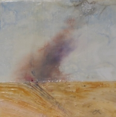 Lauri Borer, (WA), "Summer Burn",  8 x 8 in.,Encaustic Medium, pigment,pan pastel, plaster, foil on burned encaustic board