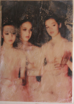 Theresa Halzle, (WA), "Three Ballerinas off Stage Left", 7 x 5 in., Encaustic Medium, Photo Transfer, Tissue paper, Wood Board